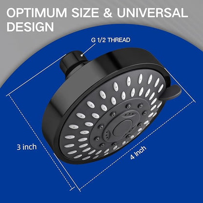 High Pressure Shower Head - Adjustable Bathroom Fixed Rain Showerhead with Swivel Brass Ball Joint, Self-cleaning Nozzles (5-Mode, 4 Inch Black)
