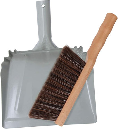 Metal Dust Pan and Brush Set Soft Bristle Wooden Broom Heavy Duty for Fireplace, Garage, Workshop