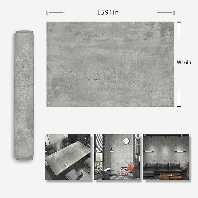 16"x591" Light Grey Concrete Wallpaper Peel and Stick 3D Gray Faux Cement Textured Contact Paper Self-Adhesive Waterproof Vinyl Matte Modern Industrial Wall Paper for Bedroom Bathroom Kitchen