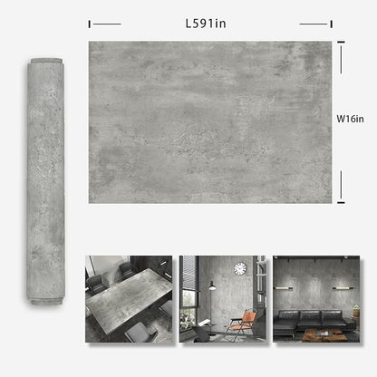 16"x591" Light Grey Concrete Wallpaper Peel and Stick 3D Gray Faux Cement Textured Contact Paper Self-Adhesive Waterproof Vinyl Matte Modern Industrial Wall Paper for Bedroom Bathroom Kitchen