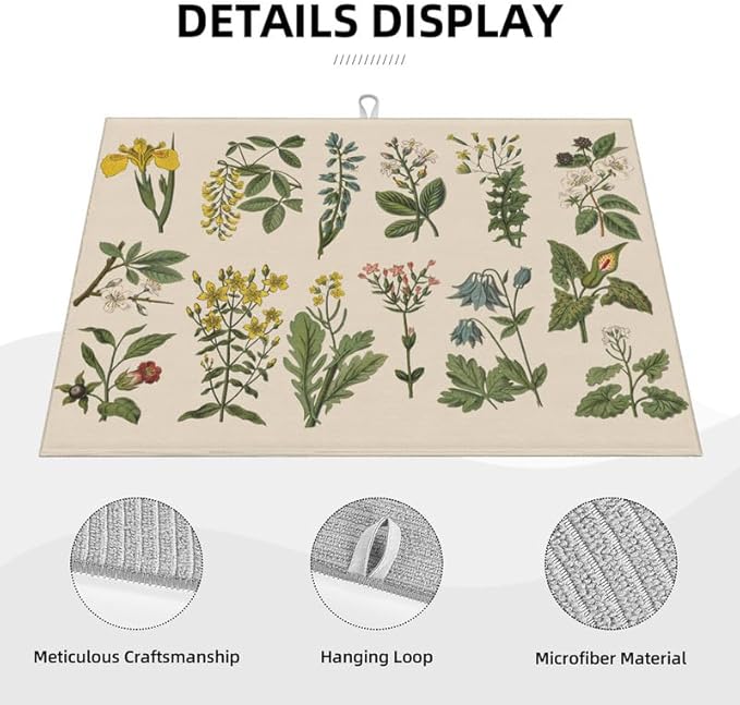 Plants Dish Drying Mat for kitchen Counter Large Microfiber Dish Drying Mat for Dishes Absorbent Reversible Kitchen Dish Drying Pad Rack Mat 18" x 24"