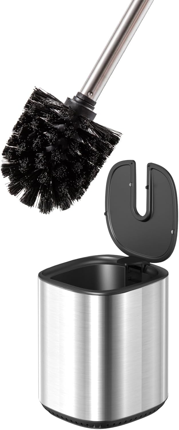 Toilet Brush and Holder Set Durable Toilet Scrubber Sleek Toilet Bowl Brush Stainless Steel Bathroom Toilet Brush Set with Lid Toilet Cleaning Brush(1, Stainless Steel)