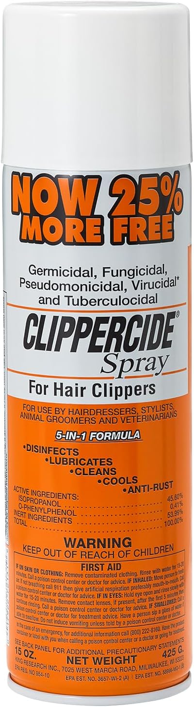 CLIPPERCIDE 5-in-1 Clipper Disinfectant Spray 15oz, 1 Pack | Cleans, Lubricates, Cools, Prevents Rust & Disinfects | Professional Clipper Spray for Barbers, Stylists & Pet Groomers | Made by BARBICIDE