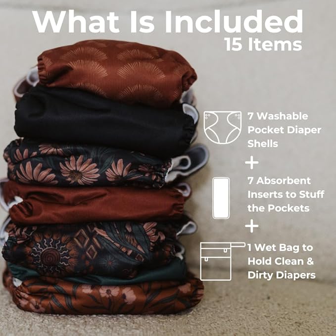 Nora's Nursery Cloth Diapers 7 Pack with 7 Inserts & 1 Wet Bag - Waterproof Cover, Washable, Reusable & One Size Adjustable Pocket Diapers for Newborns and Toddlers - Dahlia