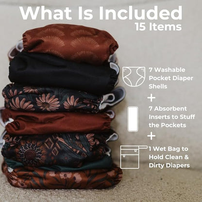 Nora's Nursery Cloth Diapers 7 Pack with 7 Inserts & 1 Wet Bag - Waterproof Cover, Washable, Reusable & One Size Adjustable Pocket Diapers for Newborns and Toddlers - Dahlia