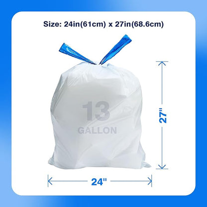 300 Count Tall Kitchen Drawstring Trash Bags, 13 Gallon, 100% Post-Consumer Recycled, Commercial Garbage Bags, GRS Compliant, Unscented, White