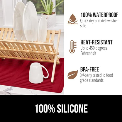 GORILLA GRIP 100% BPA-Free Patented Silicone Dish Drying Mat for Kitchen Counter, Water Catching Ribbed Design, Easy Clean Waterproof Sink Liner, Heat Resistant, Fits Under Rack, 11x13 Inch, Red