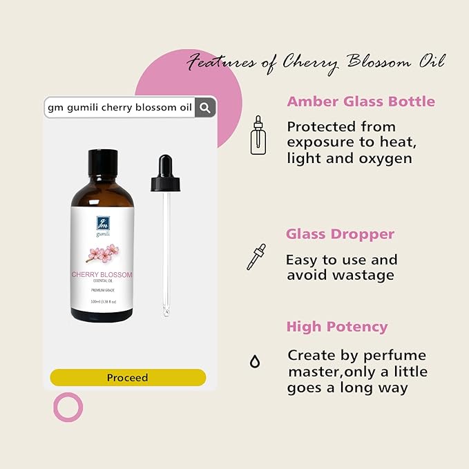 GM Gumili Cherry Blossom Essential Oil, Fragrance Oil for Candle Soap Making, Perfume for Women, Gift for Her - 3.38 Fl Oz 100ml