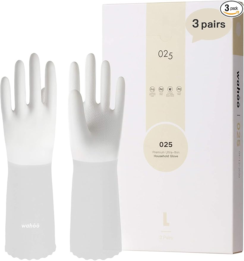 LANON 3 Pairs wahoo Skin-Friendly Cleaning Gloves, Unlined Dishwashing Kitchen Gloves, Reusable, Non-Slip, Brilliant White, Large