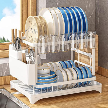 Dish Drying Rack,2-Tier Dish Racks for Kitchen Counter with Drainboard & Utensil Holder,Large Dish Drying Rack for Bowls/Cups/Bottles (White)