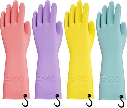 Dishwashing Rubber Gloves for Cleaning – 4 Pairs Kitchen Gloves with Handing Hooks Washing Dishes Household Glove - Small