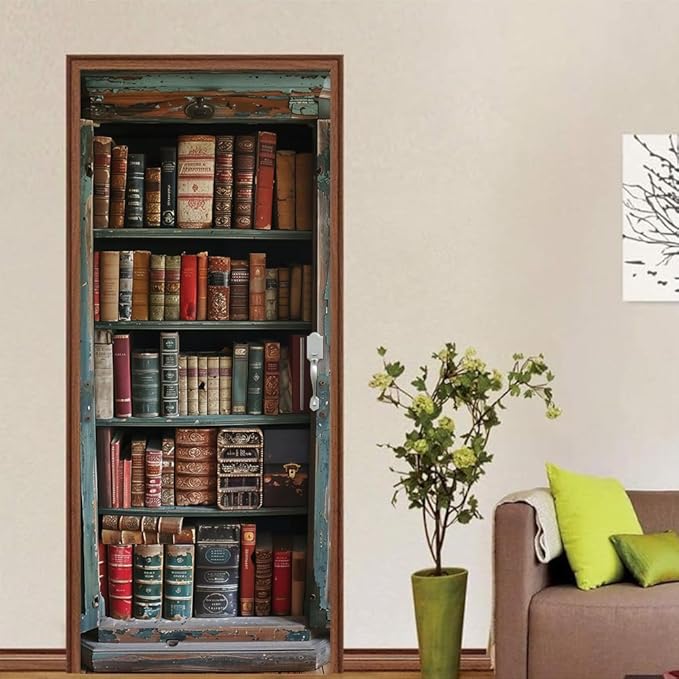 REDAMANCY Vintage Book Shelf Red Green Brown Antique Peel and Stick Door Stickers Vinyl 3D Door Mural Decals Decor Wallpaper Self-Adhesive, Waterproof, Removable