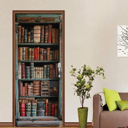 REDAMANCY Vintage Book Shelf Red Green Brown Antique Peel and Stick Door Stickers Vinyl 3D Door Mural Decals Decor Wallpaper Self-Adhesive, Waterproof, Removable
