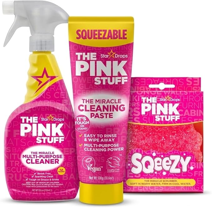 Stardrops The Pink Stuff Miracle Multi Purpose Cleaner Spray, Squeezable Cleaning Paste & SQeeZY Scrubber Sponge | Multi Surface Household Cleaning Kit for Kitchen, Bathroom, Tiles & Appliances