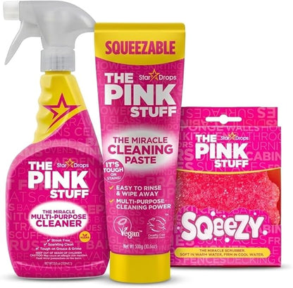 Stardrops The Pink Stuff Miracle Multi Purpose Cleaner Spray, Squeezable Cleaning Paste & SQeeZY Scrubber Sponge | Multi Surface Household Cleaning Kit for Kitchen, Bathroom, Tiles & Appliances