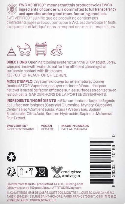 ATTITUDE Baby & Kids Toy Cleaner Spray, EWG Verified, Multi-Surface Cleaner for Toys, High Chairs & Play Areas, Naturally Derived, Vegan, Unscented, 27.1 Fl Oz