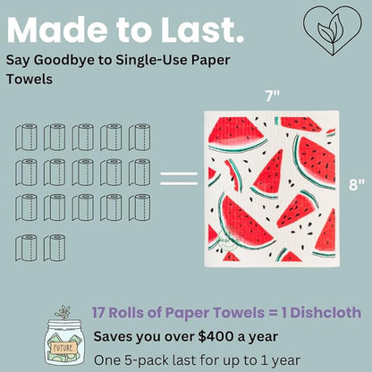 Harps&Seb Swedish Dishcloths for Kitchen Dish Towels - 5 Pack, Non-Scratch Reusable Paper Towels, Super Absorbent Washable Swedish Dish Cloths, No Odor, Biodegradable,Summer Design