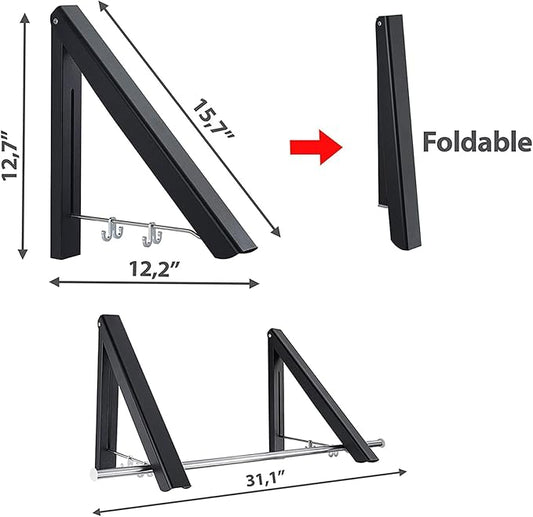 Folding Wall Mounted Drying Rack,Retractable Clothes Hanger, Aluminum Drying Coat Racks for Home Storage Organiser Space Saver with 2 Hooks - Black
