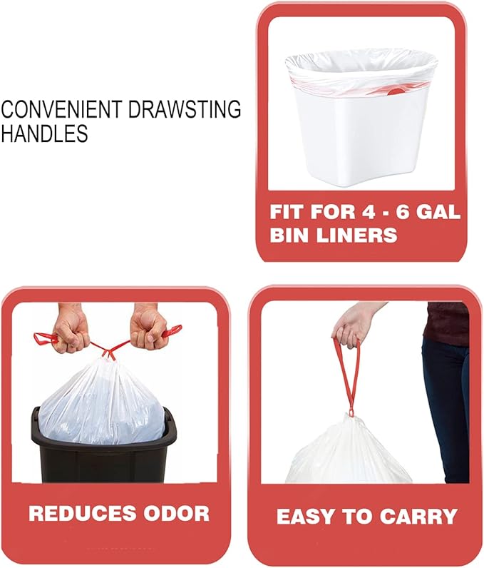 BEIDOU-PAC Trash Bags 4-6 Gallon Drawstring, 150 Count, Multifold Roll Garbage Bags, Medium Kitchen Trash Bags, Odorless & Heavy Duty White Plastic Food Scrap Bags for Bathroom Bedroom Office Waste