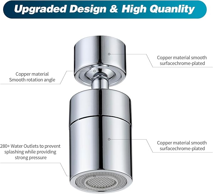 360° Swivel Faucet Aerator, Dual Mode Water Saving Sprayer Head, Chrome Brass Nozzle, Universal Fit for Kitchen & Bathroom Sinks (22mm Male & 24mm Female)