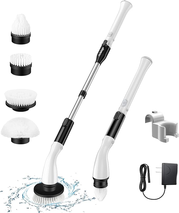 Electric Spin Scrubber LA1 Pro,with 4 Replaceable Brush Heads,Cordless Spin Scrubber and Adjustable Size Extension Handle Power Full Cleaning Brush for Bathroom Floor