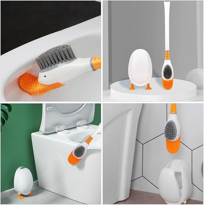 Veemoon Silicone Toilet Brush and Holder with Soft Bristles, Cute Diving Bird Design, Wall-Mounted and Floor-Standing for Bathroom Cleaning Tools and Household Use, White