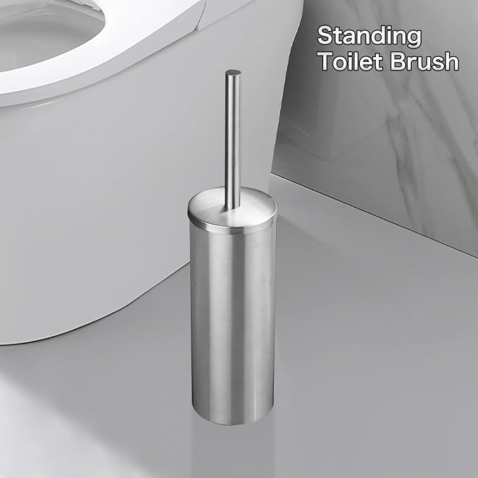 Toilet Brush and Brush Holder - Brushed Nickel Toilet Brush Stainless Steel Round Toilet Brush with Removable Inner Bucket and Splash-Proof Metal Cover Protection - Dense Bristles (with Handle)