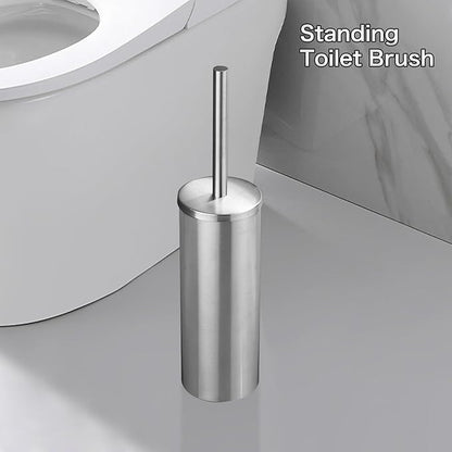 Toilet Brush and Brush Holder - Brushed Nickel Toilet Brush Stainless Steel Round Toilet Brush with Removable Inner Bucket and Splash-Proof Metal Cover Protection - Dense Bristles (with Handle)