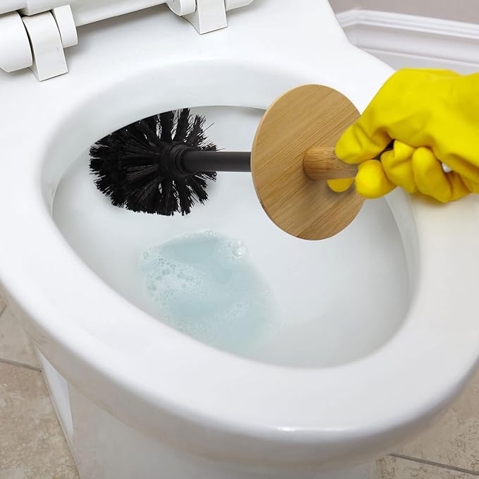 Blue Donuts Toilet Brush Holder with Bamboo Top - Black