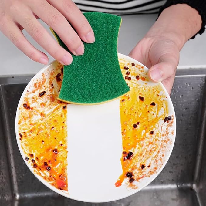 Double Sided Polyester Household Cleaning Sponge Waist Shape Eco Non-Scratch Scrub Pads Kitchen Scrub Dish, Dinnerware, Pan, Pot, Rags Holder, Glass, Dishwasher, Sink Bathroom, Pack of 2