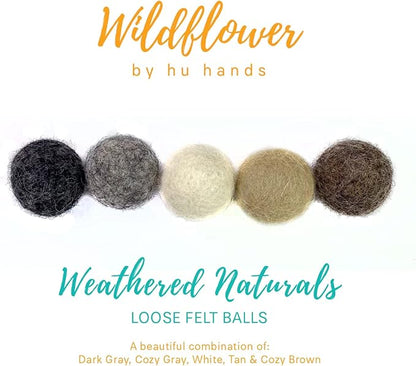 Wildflower by hu hands Weathered Naturals Wool Felt Balls (50) Pom Poms in Neutral Earth Tones for Crafts, Garland, & Decor .8-1 Inch Size | Hand Felted in Nepal 100% NZ Wool | Bag Included
