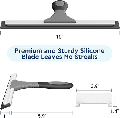 All-Purpose Silicone Shower Squeegee for Glass, Window, Door, Mirror, Car Windshield & Tile Wall, Portable Cleaner Tools, Includes One Hook & One Adhesive,10 Inches (Gray)