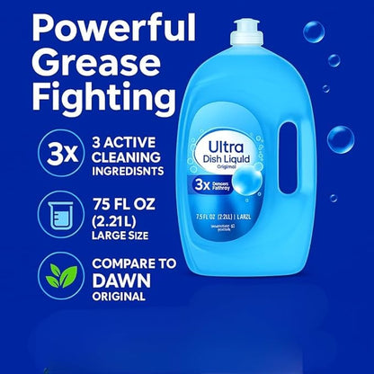 Ultra Strength Liquid Dish Soap, Original Scent, 75 fl oz – Grease-Fighting Concentrated Dishwashing Liquid for Sparkling Clean Dishes, Plates, Utensils