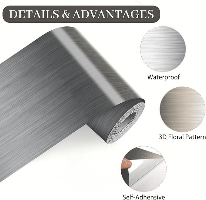 Metallic Stripe Wallpaper Border 196x4 Inch Peel and Stick Wall Border Silver Grey Brushed Metal Pattern Removable Vinyl Wall Trim for Kitchen Bathroom Living Room Office Decor