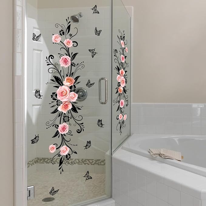 3D Wall Stickers DIY Flower Wall Decal Removable Waterproof Wall Art Decor for Bedroom Living Room Offices Home Decoration (Black Pink Rose)