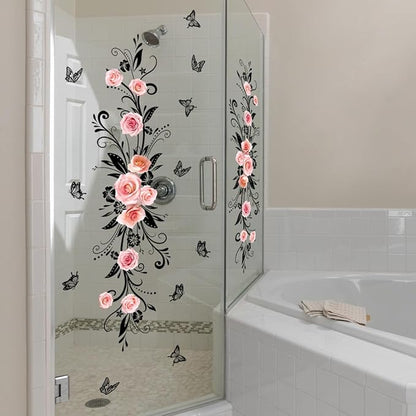 3D Wall Stickers DIY Flower Wall Decal Removable Waterproof Wall Art Decor for Bedroom Living Room Offices Home Decoration (Black Pink Rose)