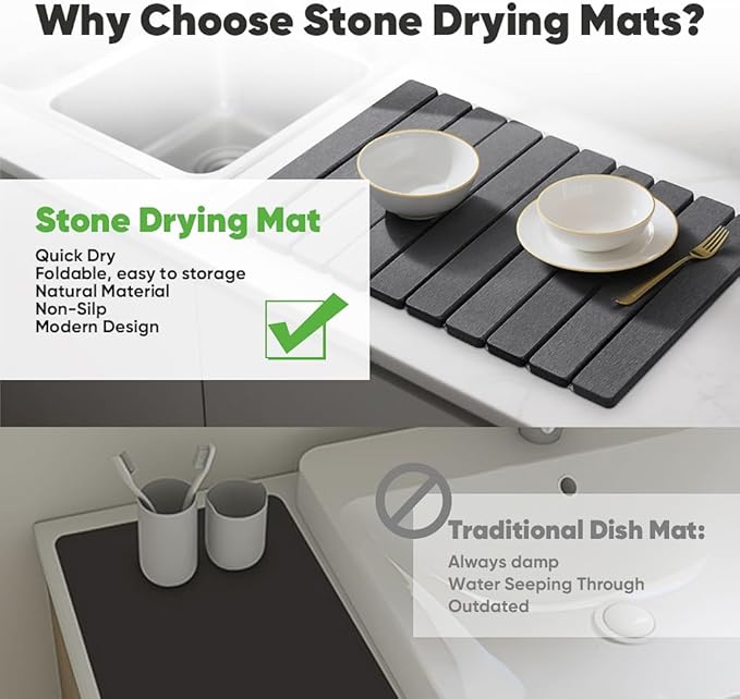 Stone Dish Drying Mat for Kitchen Counter - 24" x 16" Ultra Absorbent Diatomaceous Earth Mat, Fast Drying & Foldable Countertop Protector, Non-Slip Eco-Friendly Stone Mat for Dishes