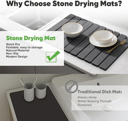 Stone Dish Drying Mat for Kitchen Counter - 24" x 16" Ultra Absorbent Diatomaceous Earth Mat, Fast Drying & Foldable Countertop Protector, Non-Slip Eco-Friendly Stone Mat for Dishes