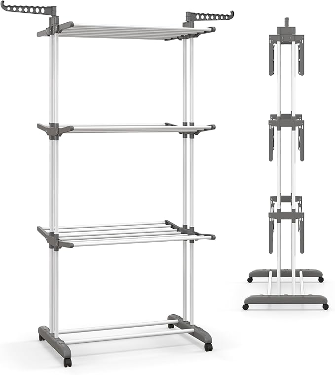 Tangkula 4-Tier Foldable Clothes Drying Rack, Oversized Drying Rack w/Lockable Wheels & Rust-Proof Metal Frame, Indoor Outdoor Large Drying Hanger w/Adjustable Gullwings, Movable Laundry Hanger