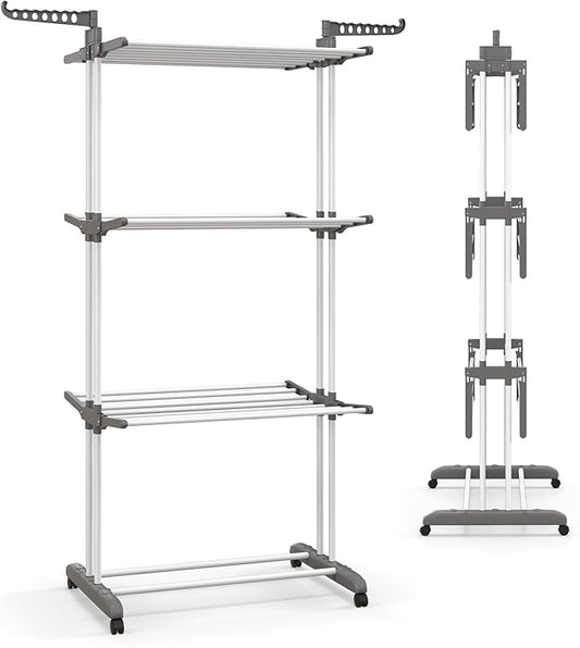 Tangkula 4-Tier Foldable Clothes Drying Rack, Oversized Drying Rack w/Lockable Wheels & Rust-Proof Metal Frame, Indoor Outdoor Large Drying Hanger w/Adjustable Gullwings, Movable Laundry Hanger