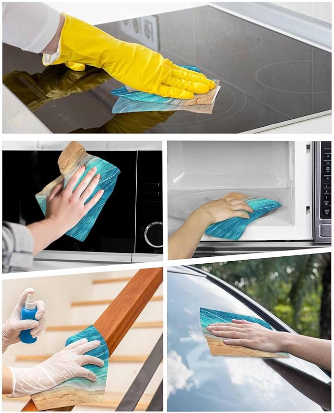 6 Pack Abstract Turquoise Kitchen Dish Cloths, Ocean Beach Waves Lines Gradient Dishcloths for Kitchen, Reusable Paper Towels, Super Absorbent Quick Drying Washcloths Cleaning Wipes, 6x5 inch