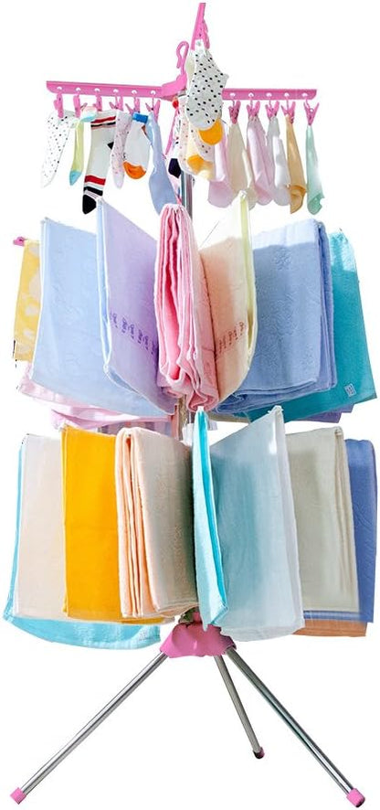 BAOYOUNI Folding Clothes Drying Rack 3-Tier Indoor Outdoor Space Saving Stand Hanger with 24 Clips and 32 Towels Bars for Baby Clothes, Cloth Diapers, Socks, Bras, Towels, Underwear (Pink)