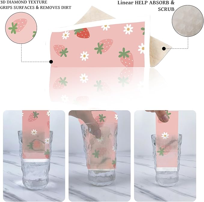 Reusable Swedish Kitchen Dish Cloths, 6 Pack Pink Strawberry Floral Swedish Dishcloths, Absorbent Fast Drying Sponge Cleaning Cloths Towels Wipes for Kitchen Cooking Home Decoration