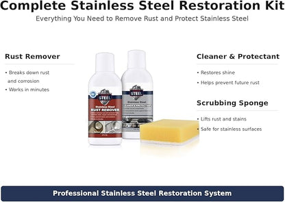 CLEAN MY STEEL – Stainless Steel Rust Stain Remover Kit with Protector – Fast Acting for Commercial Equipment Rust Cleaner for Appliances, Grills & More – Food-Safe Stainless Steel Cleaner (4 oz)