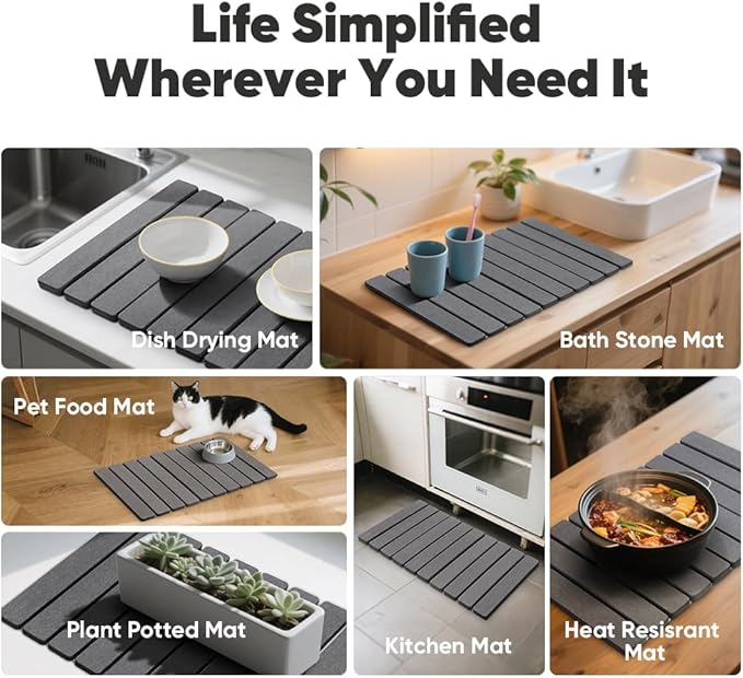 Stone Dish Drying Mat for Kitchen Counter - 24" x 16" Ultra Absorbent Diatomaceous Earth Mat, Fast Drying & Foldable Countertop Protector, Non-Slip Eco-Friendly Stone Mat for Dishes