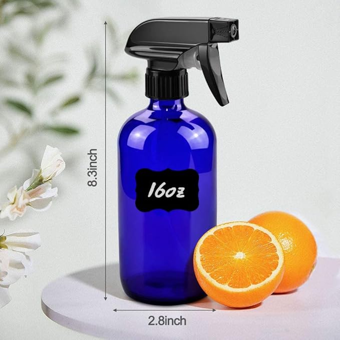 Worldgsb Glass Spray Bottles, 16oz Blue Glass Spray Bottles with Labels & Adjustable Nozzle, Reusable Containers for Cleaning, BBQ, Food, Plants, Alcohol, Essential Oils(1 Pack)