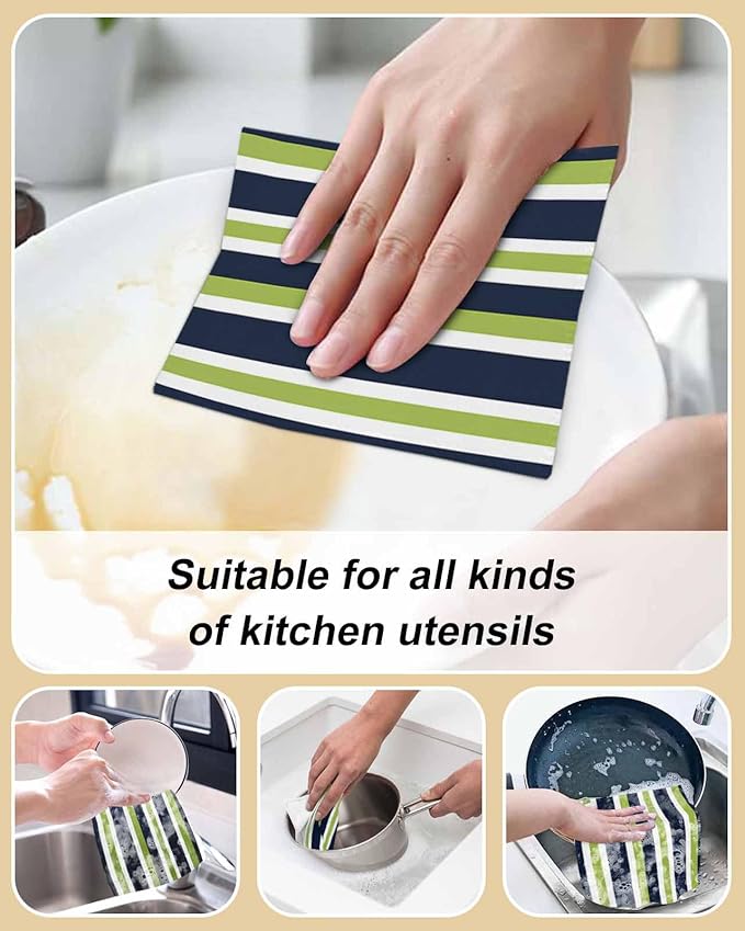 4 Pack Green Dark Kitchen Dish Cloths, Blue White Stripe Abstract Geometric Striped Dishcloths for Kitchen, Reusable Paper Towels, Super Absorbent Quick Drying Washcloths Cleaning Wipes, 8x7 inch