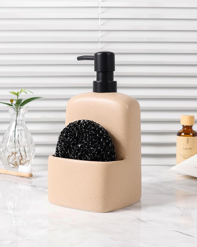 BosilunLife Dish Soap Dispenser - Linen Beige Ceramic Kitchen Soap Dispenser with Sponge Holder Matte Ceramic Soap Daddy Dispenser 20oz for Kitchen Soap Pump and Sponges Caddy
