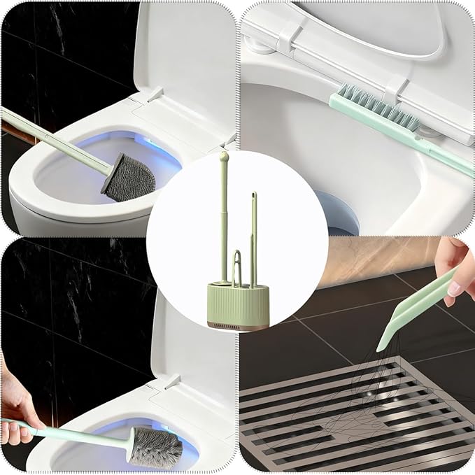 4 in 1 Toilet Cleaner Brush Toilet Bowl Brush and Holder Set Silicone Toilet Brush，Stuff Floor Standing or Wall Mounted Toilet Scrubber Without Drilling (Light Green)
