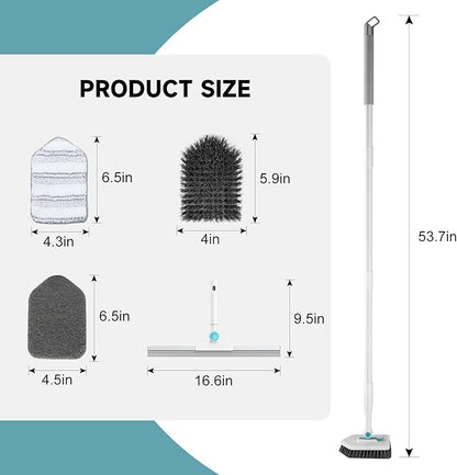 nacena Shower Scrubber with Long Handle, 4 in 1 Tile Tub Scrubber Brush with 3 Detachable Cleaning Shower Heads and Floor Squeegee Shower Cleaner Brush for Bathroom Kitchen Tub Sink Floor, Blue White